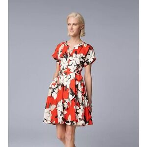 Simply Vera Vera‎ Wang Red Floral Print Dress Short Sleeve Belted Linen Small